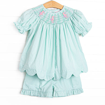 Sea Grass Seahorses Smocked Scalloped Short Set, Mint