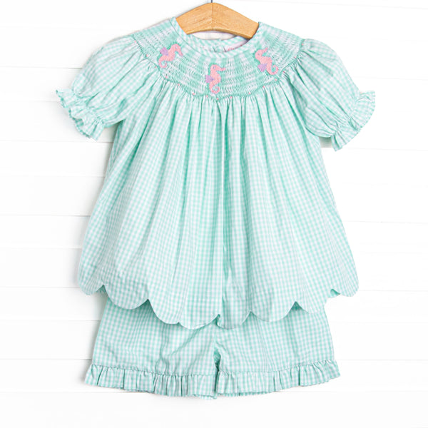 Sea Grass Seahorses Smocked Scalloped Short Set, Mint
