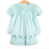 Sea Grass Seahorses Smocked Scalloped Short Set, Mint