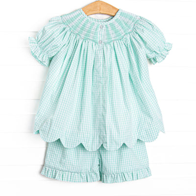 Sea Grass Seahorses Smocked Scalloped Short Set, Mint