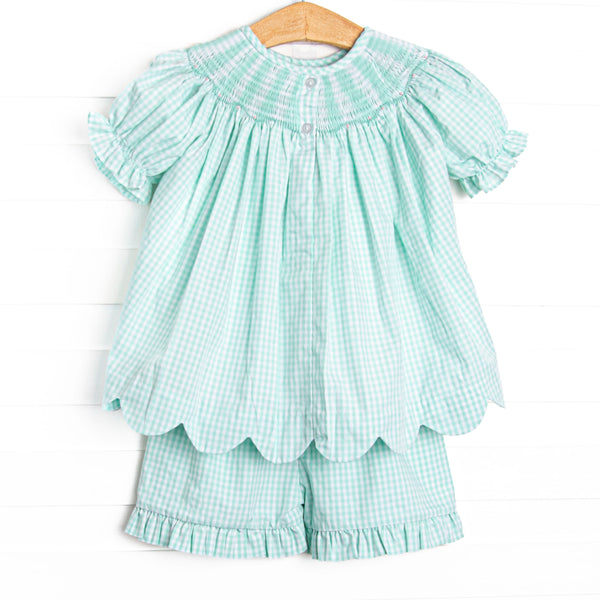 Sea Grass Seahorses Smocked Scalloped Short Set, Mint
