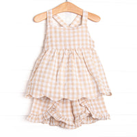 Jordan Check Ruffle Short Set, Tan Seersucker