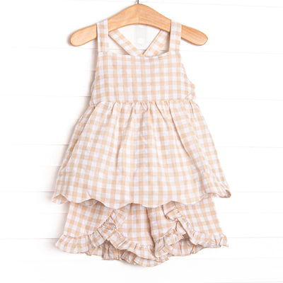 Jordan Check Ruffle Short Set, Tan Seersucker
