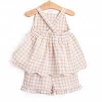 Jordan Check Ruffle Short Set, Tan Seersucker