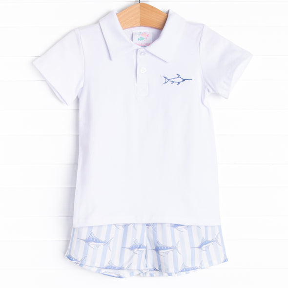 Day At Sea Embroidered Short Set, Blue