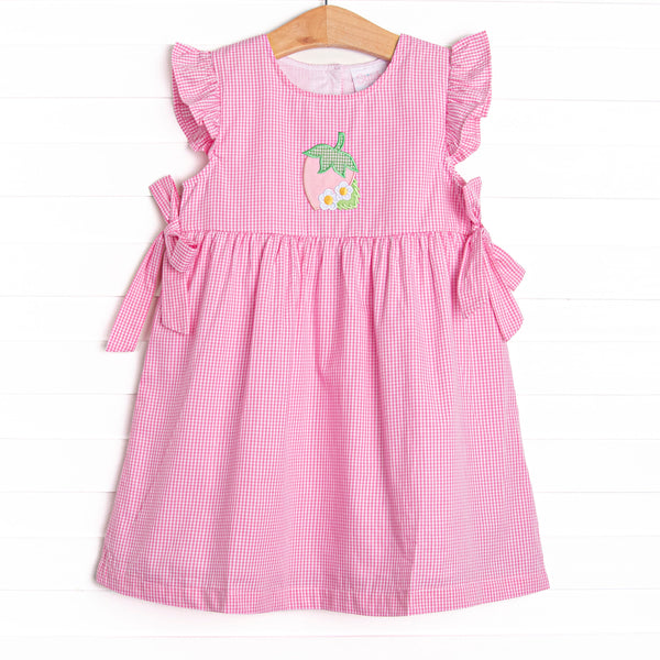 Strawberry Blooms Applique Side Tie Dress, Pink