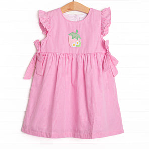 Strawberry Blooms Applique Side Tie Dress, Pink
