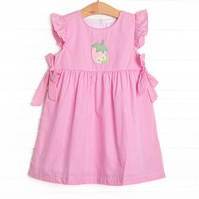 Strawberry Blooms Applique Side Tie Dress, Pink