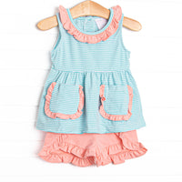 Laney Sleeveless Short Set, Peach and Mint Stripe