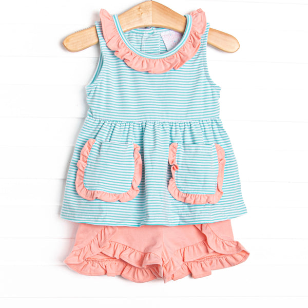 Laney Sleeveless Short Set, Peach and Mint Stripe