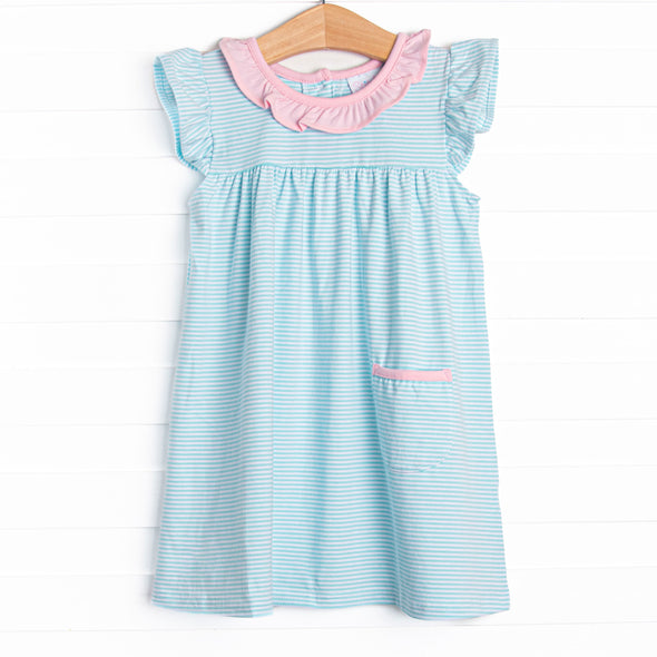 Jane Flutter Sleeve Dress, Aqua Stripe