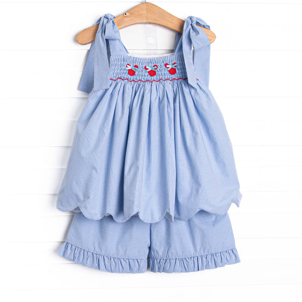 Gingham Mouse Magic Smocked Ruffle Short Set, Blue