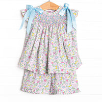 Blooming Bows Smocked Ruffle Short Set, Blue