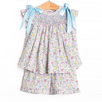 Blooming Bows Smocked Ruffle Short Set, Blue