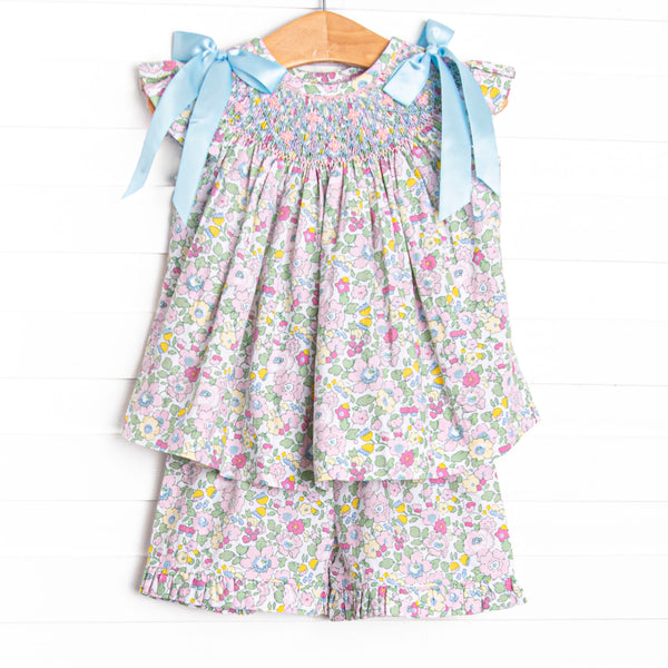 Blooming Bows Smocked Ruffle Short Set, Blue