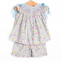 Blooming Bows Smocked Ruffle Short Set, Blue