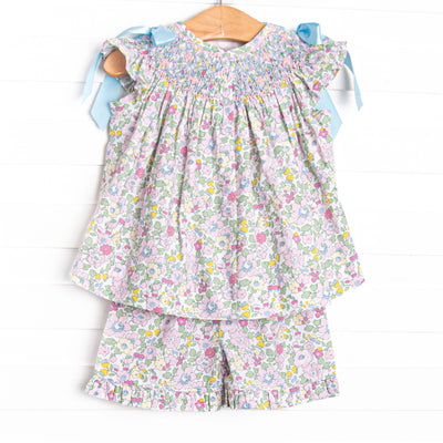 Blooming Bows Smocked Ruffle Short Set, Blue