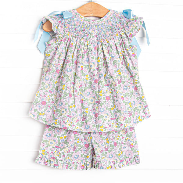 Blooming Bows Smocked Ruffle Short Set, Blue