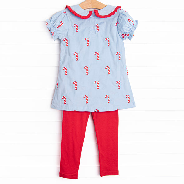 Candy Cane Craze Embroidered Legging Set, Blue