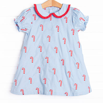 Candy Cane Craze Embroidered Dress, Blue