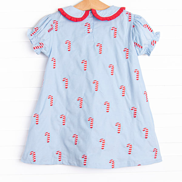 Candy Cane Craze Embroidered Dress, Blue