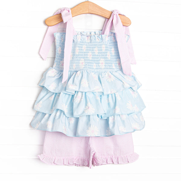 Pretty Petals Elastic Smocked Ruffle Short Set, Blue
