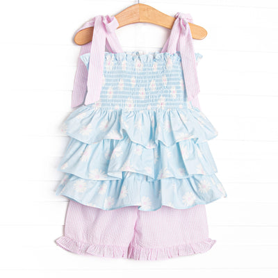 Pretty Petals Elastic Smocked Ruffle Short Set, Blue