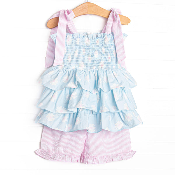 Pretty Petals Elastic Smocked Ruffle Short Set, Blue