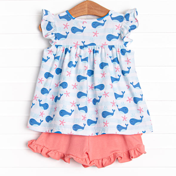 Oceanside Stripes Ruffle Short Set, Blue