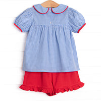 Saved by the Bell Applique Ruffle Short Set, Blue