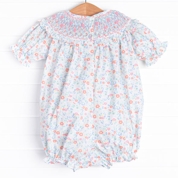 Janie Floral Smocked Bubble, Blue