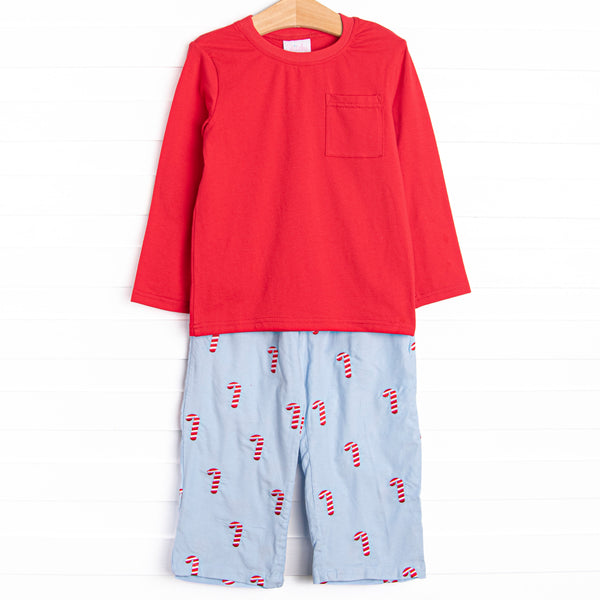 Candy Cane Craze Embroidered Pant Set, Blue