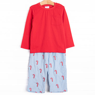 Candy Cane Craze Embroidered Pant Set, Blue