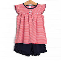 At the Ballpark Pima Embroidered Ruffle Short Set, Red Stripe