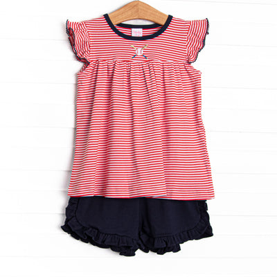 At the Ballpark Pima Embroidered Ruffle Short Set, Red Stripe
