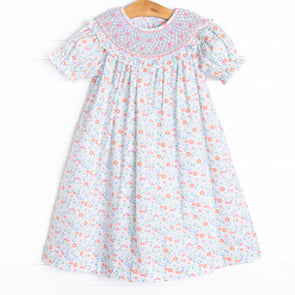 Janie Floral Smocked Bishop Dress, Blue