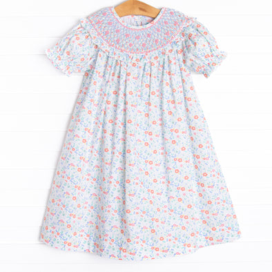 Janie Floral Smocked Bishop Dress, Blue