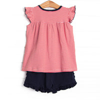 At the Ballpark Pima Embroidered Ruffle Short Set, Red Stripe