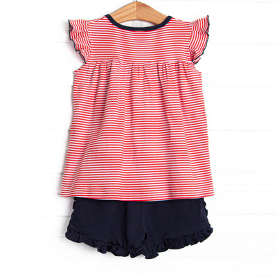 At the Ballpark Pima Embroidered Ruffle Short Set, Red Stripe