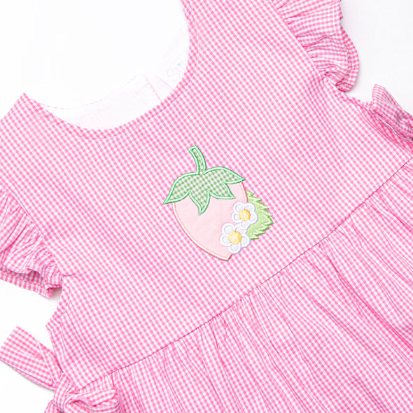 Strawberry Blooms Applique Side Tie Dress, Pink