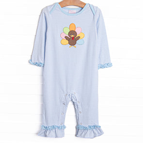 Shake Your Tail Feathers Applique Romper, Light Blue