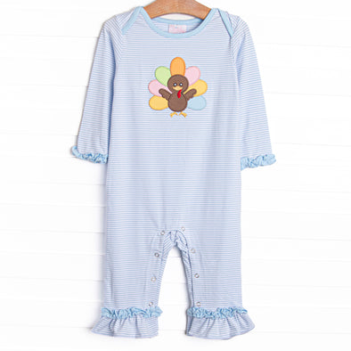 Shake Your Tail Feathers Applique Romper, Light Blue