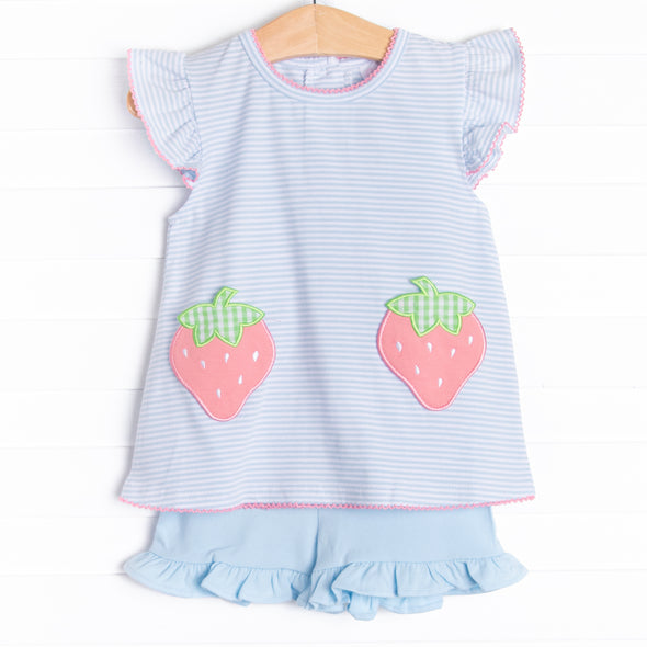 Pocketful of Berries Applique Ruffle Short Set, Blue