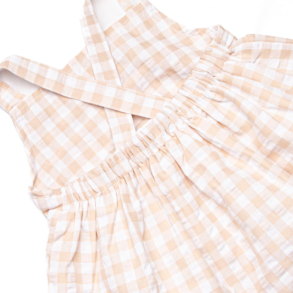 Jordan Check Ruffle Short Set, Tan Seersucker
