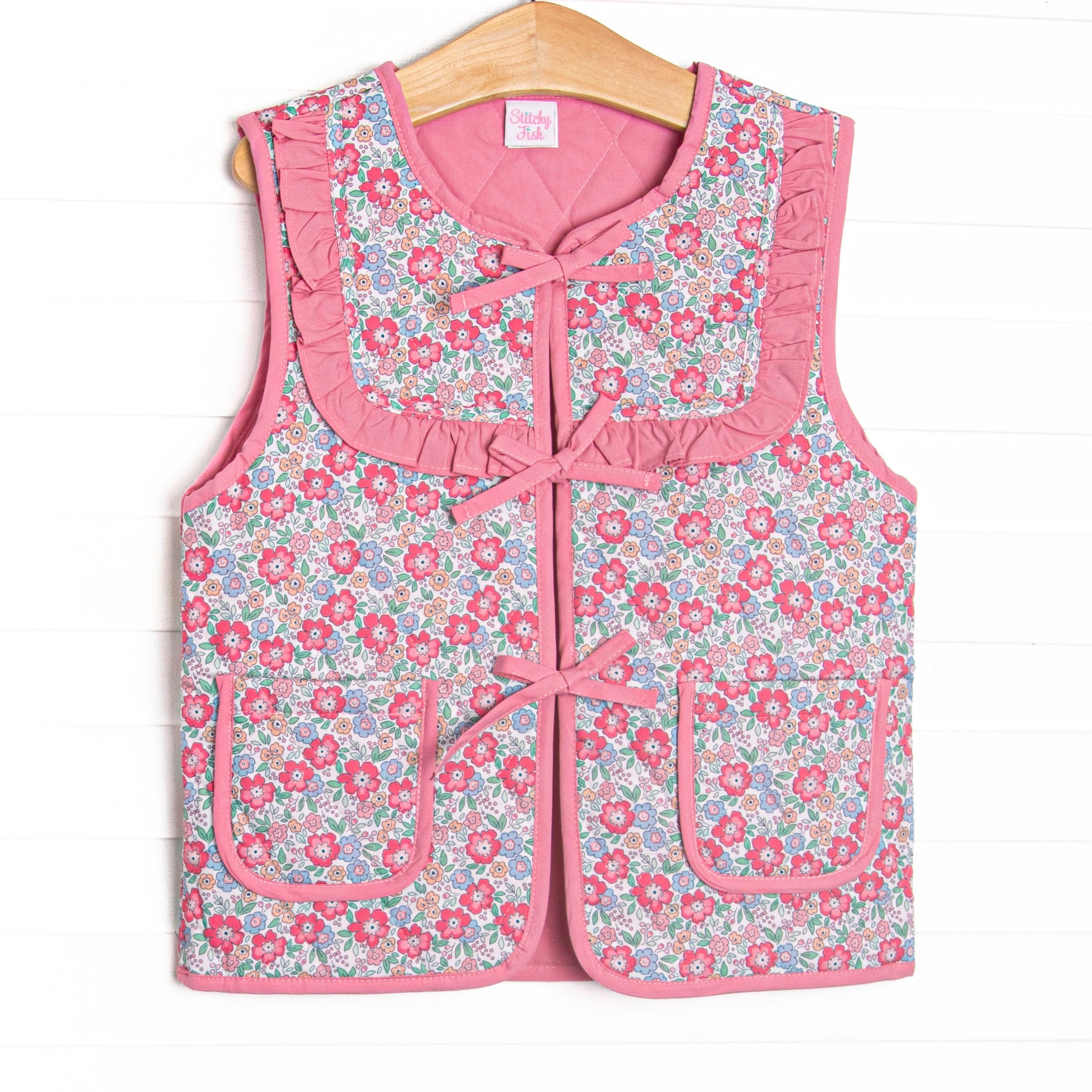 Frills and Florals Reversible Tie Front Ruffle Vest, Medium Pink