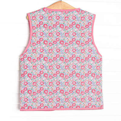 Frills and Florals Reversible Tie Front Ruffle Vest, Medium Pink