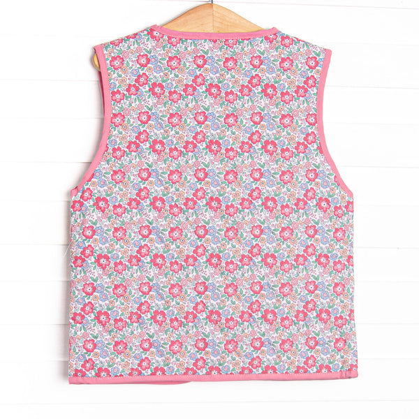 Frills and Florals Reversible Tie Front Ruffle Vest, Medium Pink