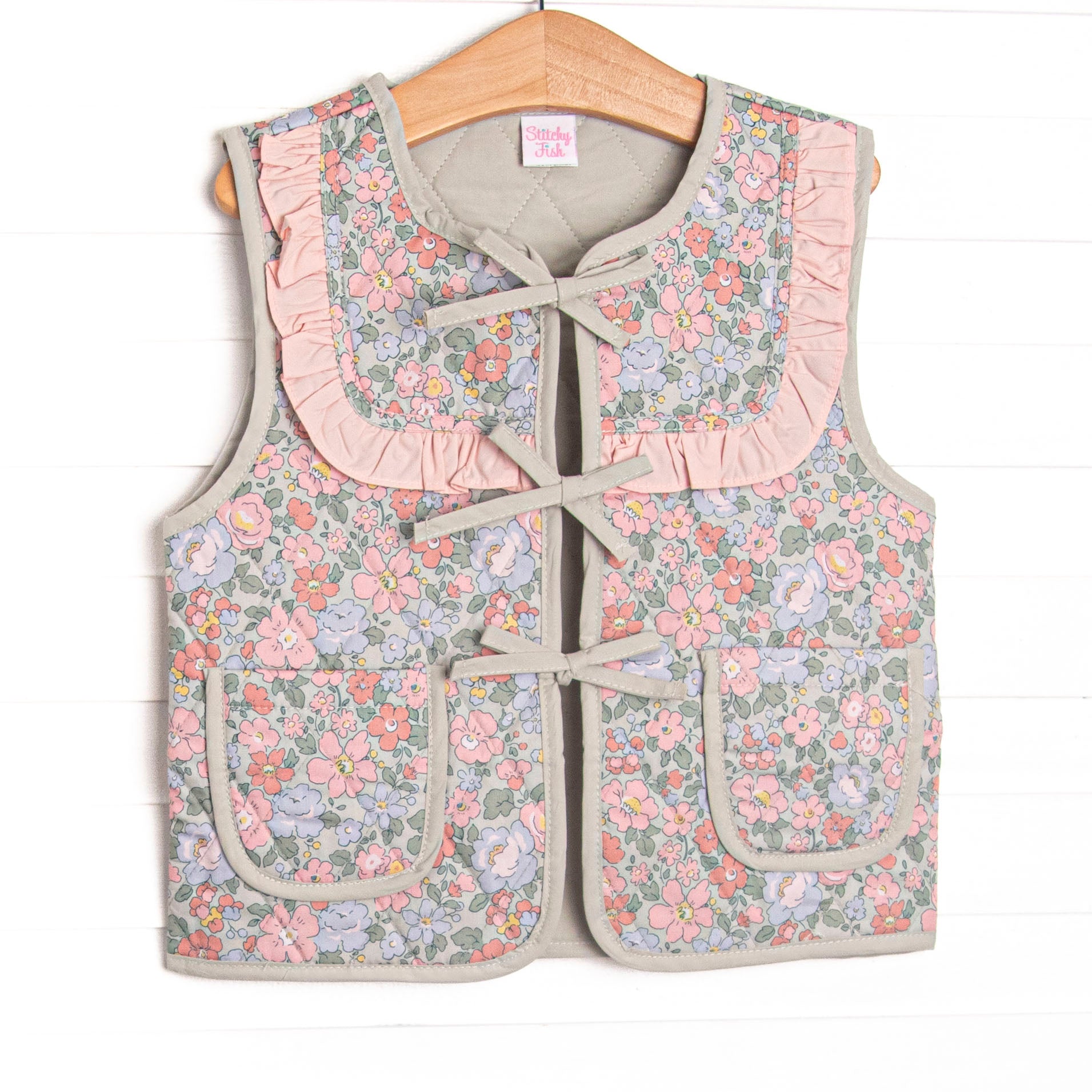 Frills and Florals Reversible Tie Front Ruffle Vest, Sage