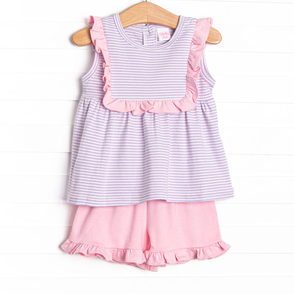 Bea Pima Ruffle Short Set, Pink and Purple Stripe