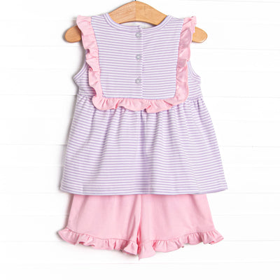 Bea Pima Ruffle Short Set, Pink and Purple Stripe